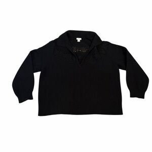 Sundance Sweater Crochet Trim Collar V Neckline Wool Blend Knitted Black XXL